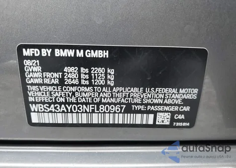 2022 BMW M3 Competition xDrive z USA, uszkodzony, nr VIN WBS43AY03NFL80967